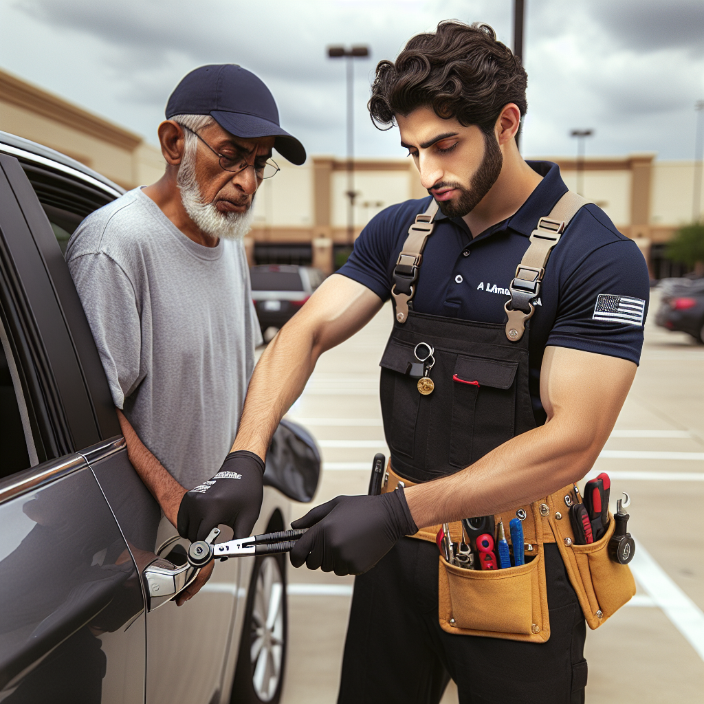Professional lockout service technician helping customer