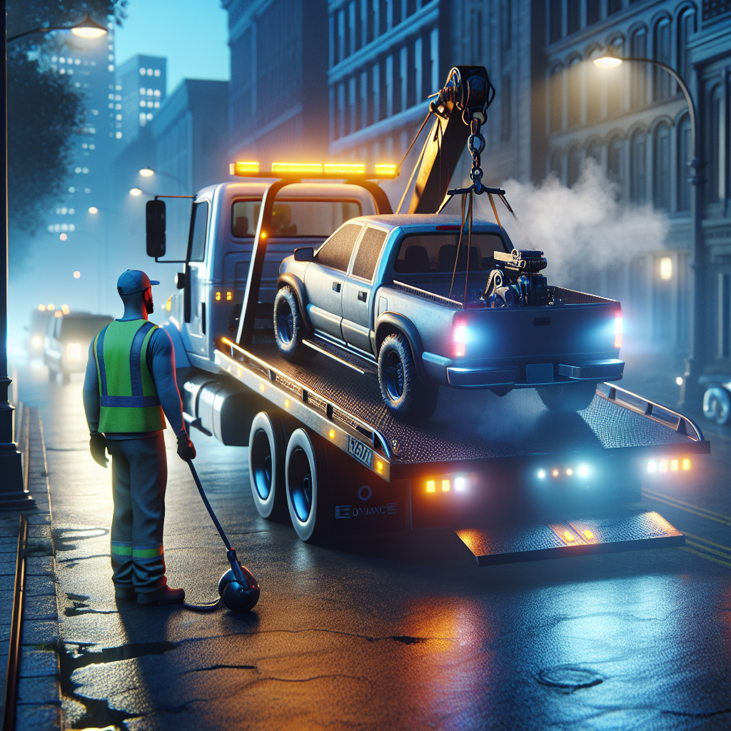 Heavy-duty flatbed tow truck loading broken-down vehicle