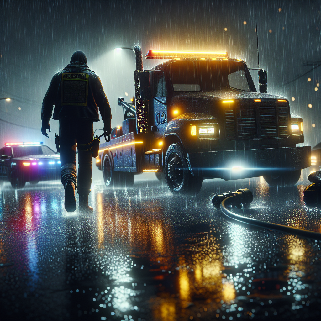 Professional tow truck arriving at emergency scene with lights