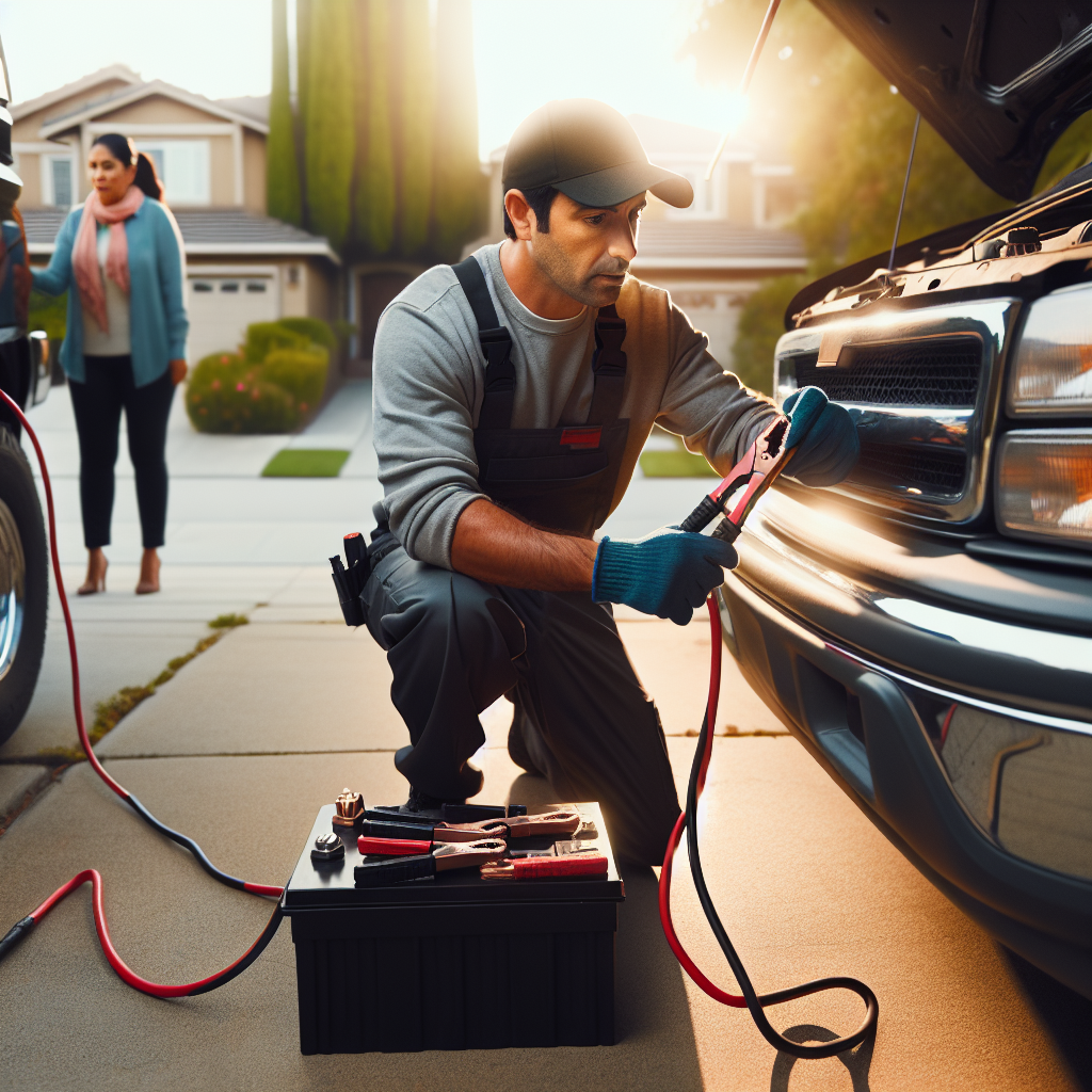 Professional technician performing battery jump start service